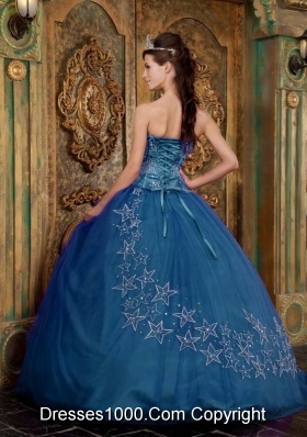 Appliques Ball Gown Sweetheart Teal Quinceanera Dresses for Military Ball