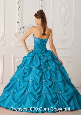 Cheap Princess Strapless Appliques and Beading Long Teal Quinceanera Dresses