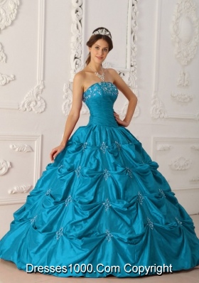 Cheap Princess Strapless Appliques and Beading Long Teal Quinceanera Dresses