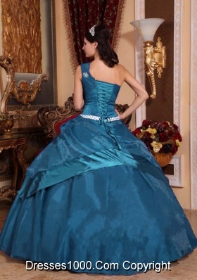 Cheap Teal Ball Gown One Shoulder Organza Beading Long Quinceanera Dresses