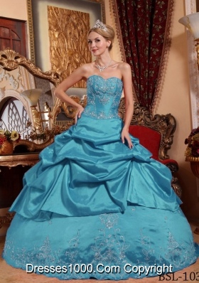 Cheap Teal Puffy Sweetheart Embroidery with Beading Quinceanera Dresses