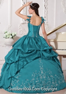 Embroidery Teal Puffy Straps Long Taffeta 2014 Quinceanera Dresses