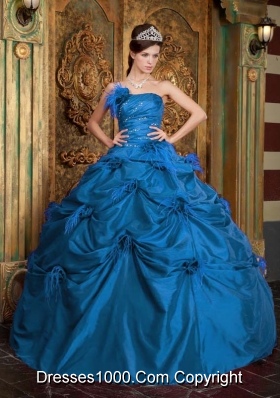 Hand Made Flowers Ball Gown Taffeta Teal Quinceanera Dresses with Strapless