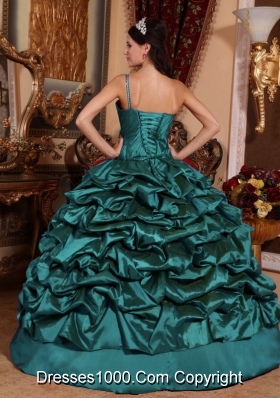 One Shoulder Taffeta Pick-ups Turquoise Quinceanera Dresses with Beading