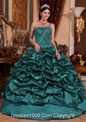 One Shoulder Taffeta Pick-ups Turquoise Quinceanera Dresses with Beading
