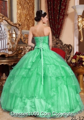 Puffy Strapless Organza Turquoise Quinceanera Dresses with Beading