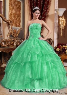 Puffy Strapless Organza Turquoise Quinceanera Dresses with Beading
