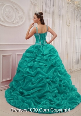 Spaghetti Straps Court Train Organza Turquoise Quinceanera Dresses with Beading and Pick-ups