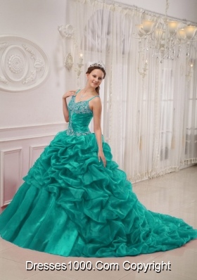 Spaghetti Straps Court Train Organza Turquoise Quinceanera Dresses with Beading and Pick-ups