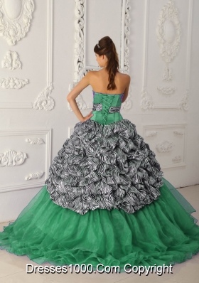 Strapless Chapel Train Zebra Turquoise Quinceanera Gowns with Pick-ups