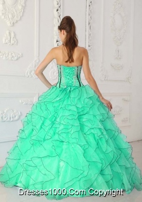 Strapless Organza Turquoise Quinceanera Gowns with Appliques and Ruffles