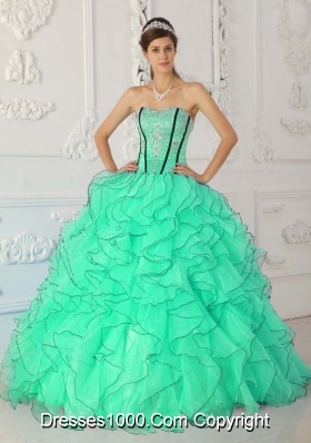 Strapless Organza Turquoise Quinceanera Gowns with Appliques and Ruffles