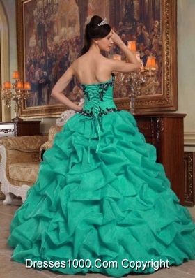 Strapless Turquoise Quinceanera Dress with Black Appliques and Pick-ups