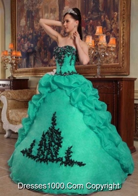 Strapless Turquoise Quinceanera Dress with Black Appliques and Pick-ups