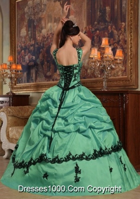 Straps Turquoise Quinceanera Gowns Dresses with Black Appliques