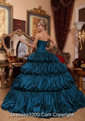 Sweetheart Chapel Train Taffeta Quincenera Dresses with Appliques and Pick-ups