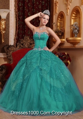 Sweetheart Tulle Turquoise Sweet 16 Dresses with Beading and Appliques