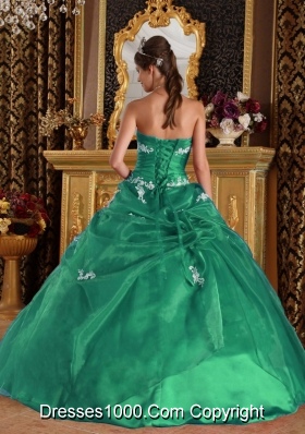 Turquoise Quinceanera Gown Dress with Appliques and Pick-ups