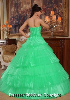 Turquoise Strapless Organza Quinceanera Dresses with Appliques and Layers