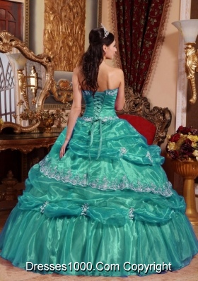 Turquoise Strapless Organza Quinceanera Dresses with Appliques and Pick-ups