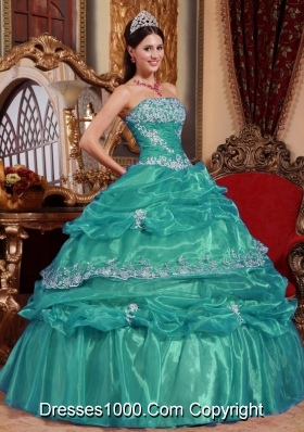 Turquoise Strapless Organza Quinceanera Dresses with Appliques and Pick-ups