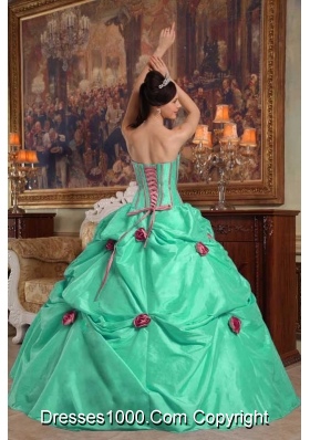 Turquoise Strapless Quinceanera Dresses with Taffeta Beading and Flowers