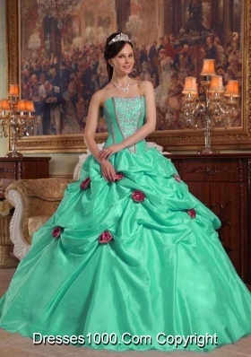 Turquoise Strapless Quinceanera Dresses with Taffeta Beading and Flowers