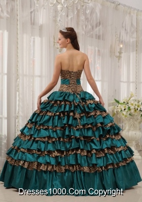 Turquoise Sweetheart Leopard Quinceanera Gowns Dress with Layers