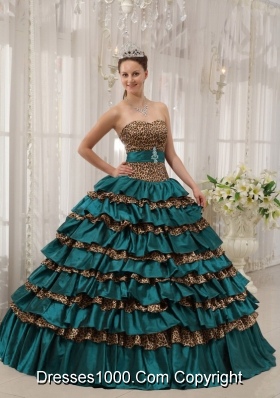 Turquoise Sweetheart Leopard Quinceanera Gowns Dress with Layers