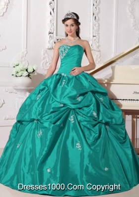 Turquoise Sweetheart Quinceanera Dresses with Appliques and Pick-ups
