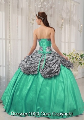 Turquoise Sweetheart Zebra Quinceanera Dresses with Ruffles and Pick-ups