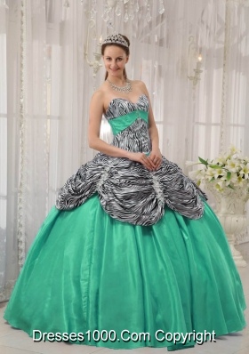 Turquoise Sweetheart Zebra Quinceanera Dresses with Ruffles and Pick-ups