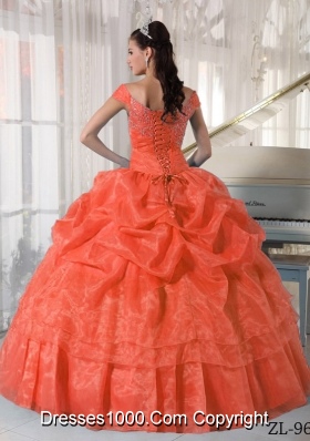 2014 Orange Red Puffy Off The Shoulder Appliques and Beading Quinceanera Gowns with Pick-ups