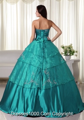 Ball Gown Strapless Organza Turquoise Quinceanera Dress with Embroidery