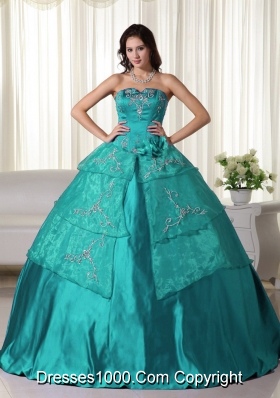 Ball Gown Strapless Organza Turquoise Quinceanera Dress with Embroidery