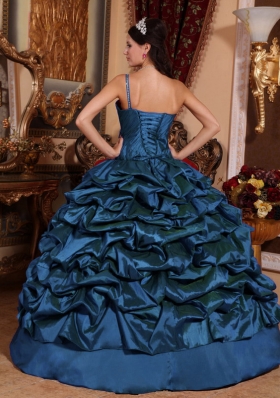 Blue Ball Gown One Shoulder Floor-length Taffeta Pick-ups Quinceanera Dress