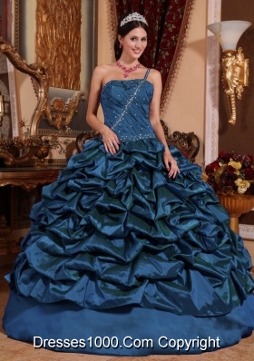 Blue Ball Gown One Shoulder Floor-length Taffeta Pick-ups Quinceanera Dress