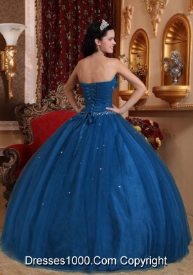 Blue Ball Gown Sweetheart Floor-length Tulle Beading Quinceanera Dress