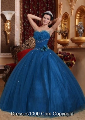 Blue Ball Gown Sweetheart Floor-length Tulle Beading Quinceanera Dress