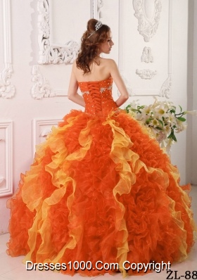 Brand New Orange Red Puffy Sweetheart Appliques and Beading for 2014 Quinceanera Dress