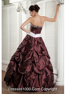 Burgundy Ball Gown Sweetheart Quinceanea Dress with White Sash and Pick-ups