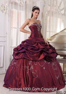 Burgundy Quinceanera Dresses with Taffeta Embroidery and Pick-ups