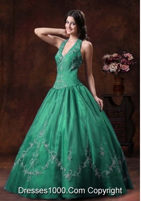 Halter Turquoise Quinceanera Gowns with Embroidery Organza