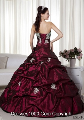 Princess Strapless Taffeta Burgundy Quinceanera Dress with Appliques