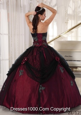 Puffy Strapless Burgundy Quinceanera Dress with Beading and Flowers