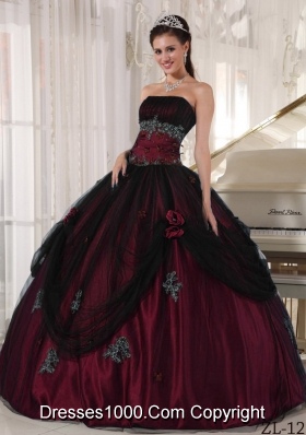 Puffy Strapless Burgundy Quinceanera Dress with Beading and Flowers