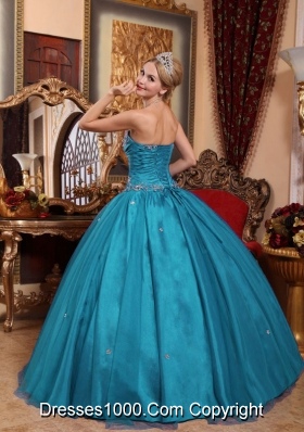 Puffy Strapless Taffeta and Tulle Appliques 2014 Quinceanera Dresses in Teal