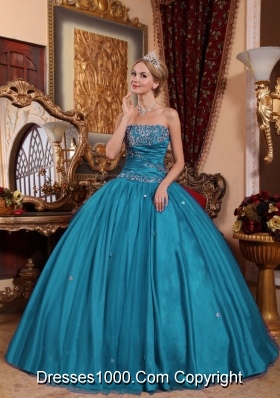 Puffy Strapless Taffeta and Tulle Appliques 2014 Quinceanera Dresses in Teal