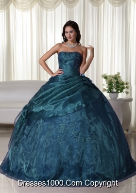 Strapless Tulle Beading Turquoise Quinceanera Gown Dresses