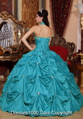 Teal Ball Gown Halter Top Floor-length Taffeta Appliques Quinceanera Dress